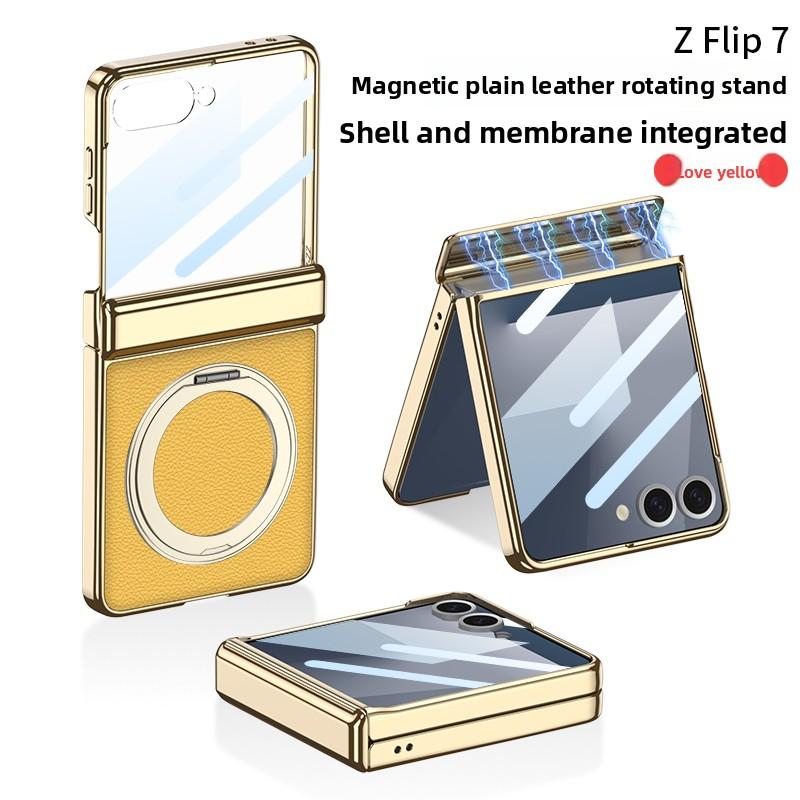 Для Samsung Galaxy Z Flip 7 Чехол Роскошная Кожа PU Кожа Шарнир MagSafe Магнитное Кольцо Подставка Защитная Задняя Крышка Для Z Flip7 Чехол