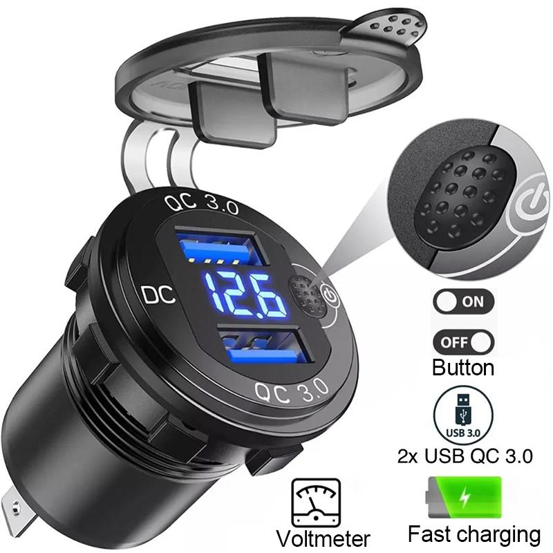 Быстрое зарядное устройство алюминиевое Qc3.0 двойное USB автомобильное зарядное устройство с кнопкой переключения светодиодный дисплей напряжения для 12 В/24 В автомобилей лодок мотоциклов