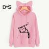 Women Fall Winter Hoodie with Big Pocket Cat Ear Decor Kitty Printing Hooded Full Sleeves Loose Pullover Home School Sport Top