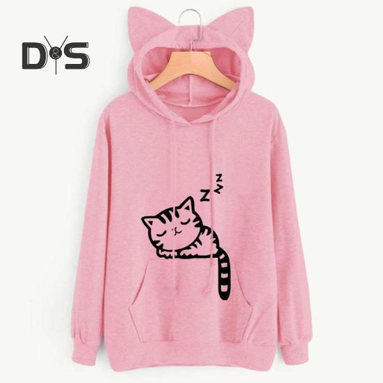 Women Fall Winter Hoodie with Big Pocket Cat Ear Decor Kitty Printing Hooded Full Sleeves Loose Pullover Home School Sport Top