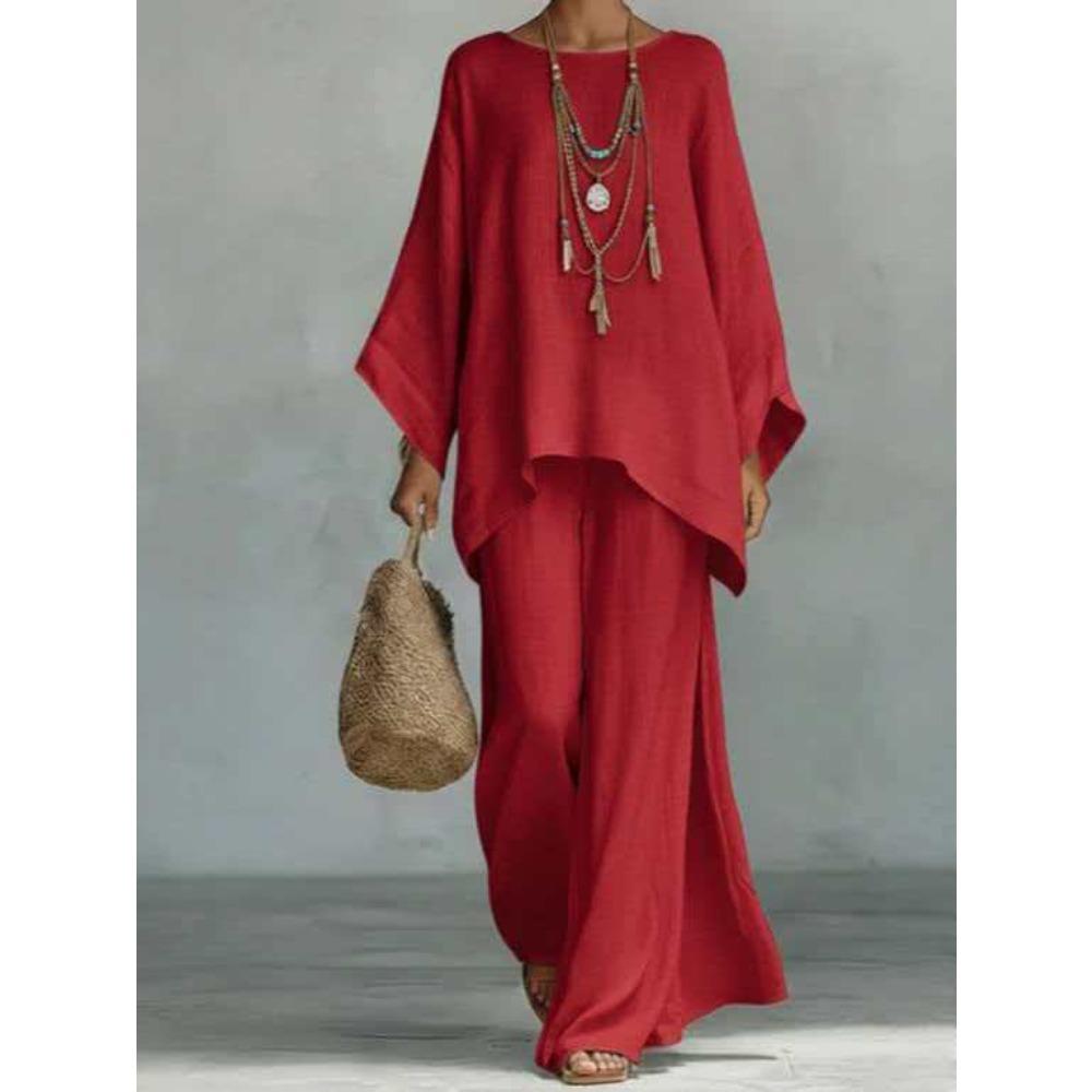 Europe, America, women's simple loose linen blend shirt wide-leg pants set
