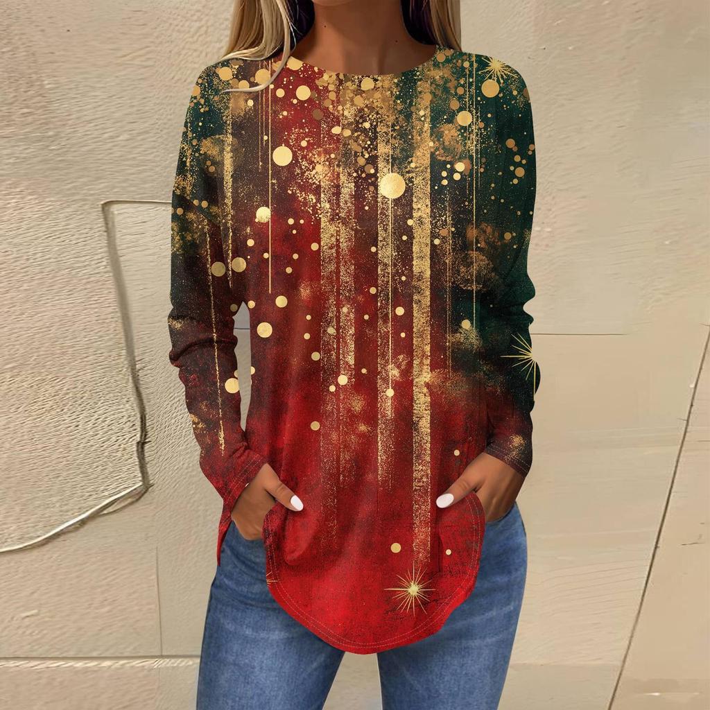 Футболки для женщин, осенние повседневные рубашки с длинными рукавами, толстовка с ретро-принтом, топ для рождественской вечеринки, пуловер