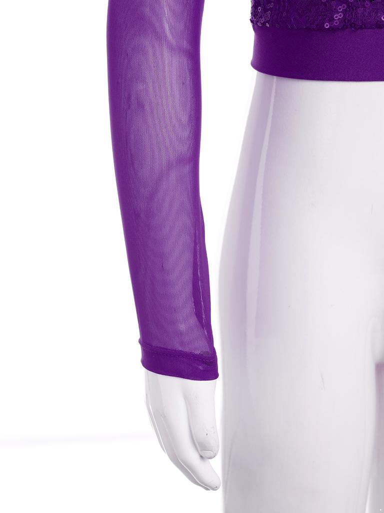 Girls Shiny Sequins Dance Top Sheer Mesh Long Sleeve One Shoulder Performance Top Side Zipper Crop Top