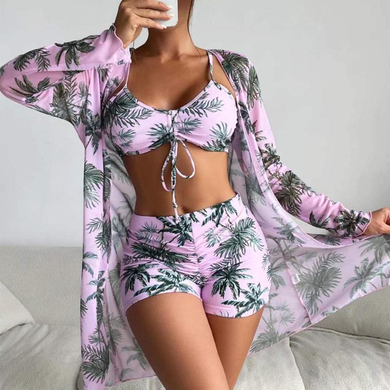 Swimsuit Women's Split Three Piece Set High Waist Long Sleeve Ins Overshirt Drawstring Printed Bikini Suits
