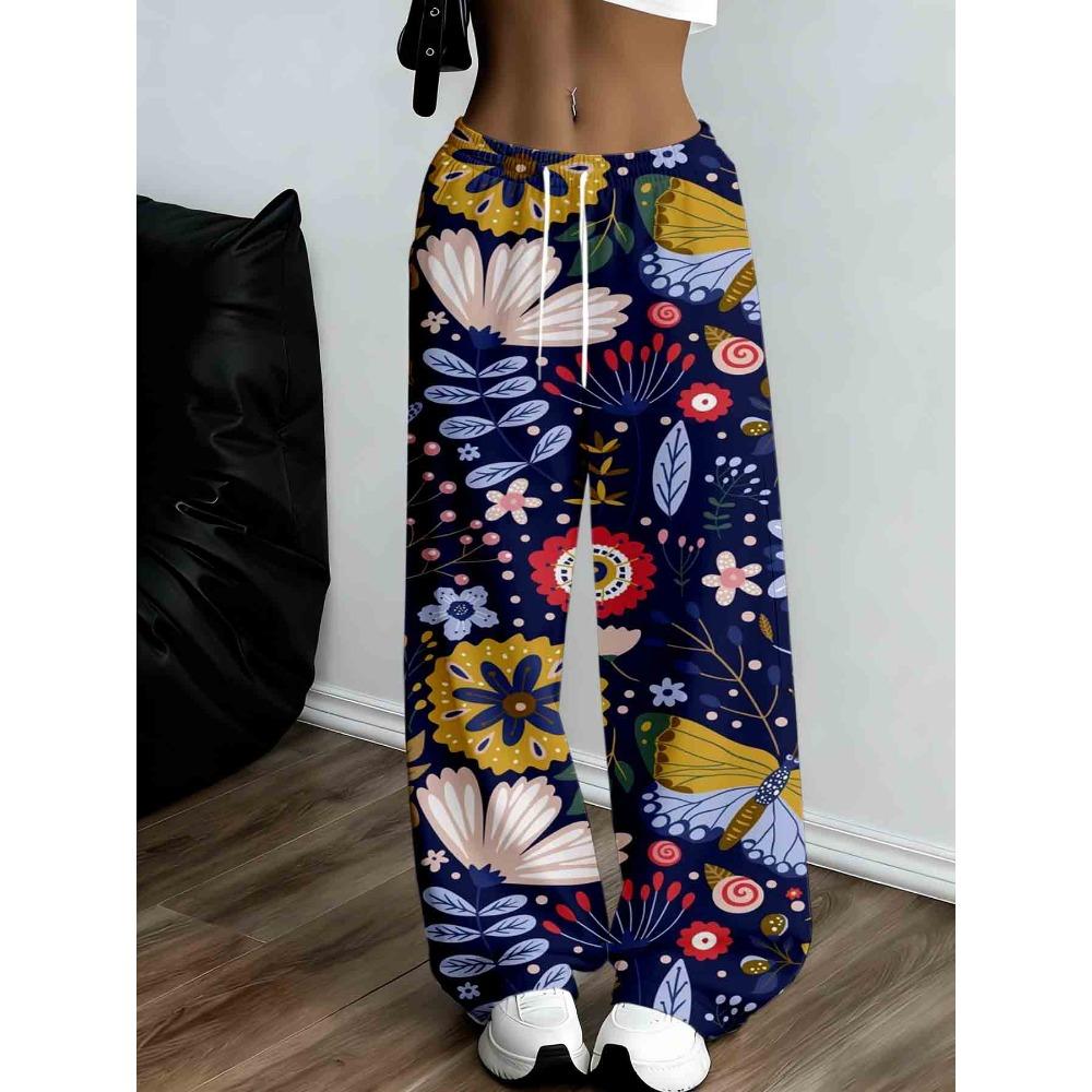 Women's Wide Leg Printed Sweatpants - Loose Waist Drawstring Pants, Floral Pattern Pants