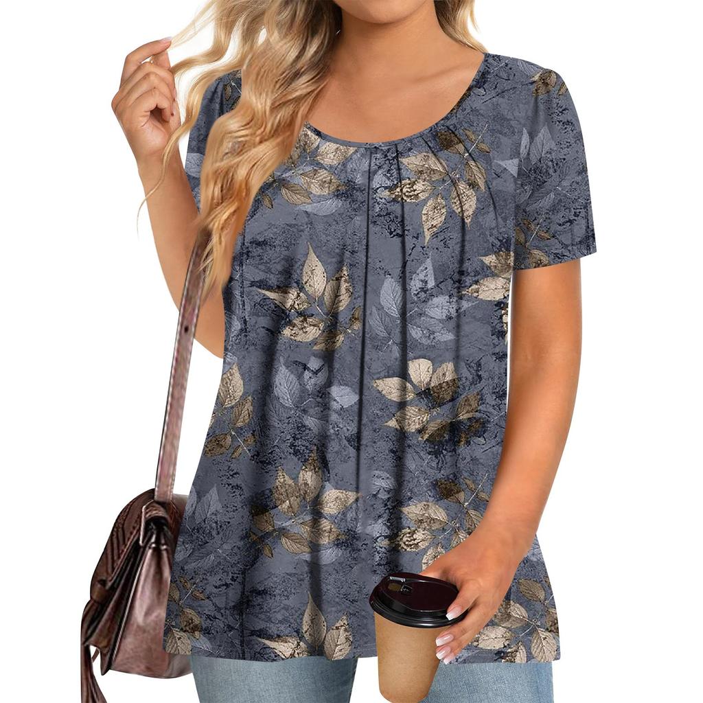 Plus Size Women's Casual Round Neck Pleated Short Sleeve Color Top