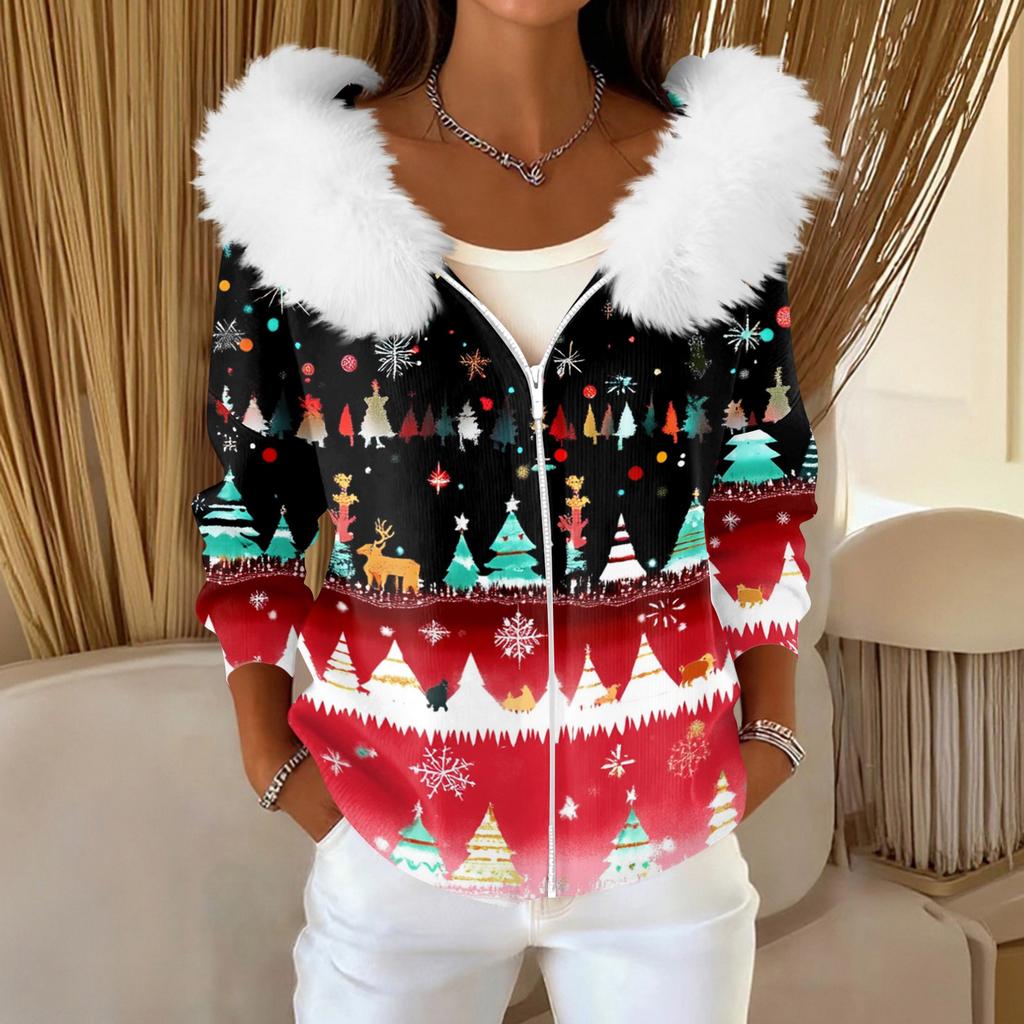 Women's Fashion Casual Sweater Zipper Print Cardigan Plush Hooded Jacket