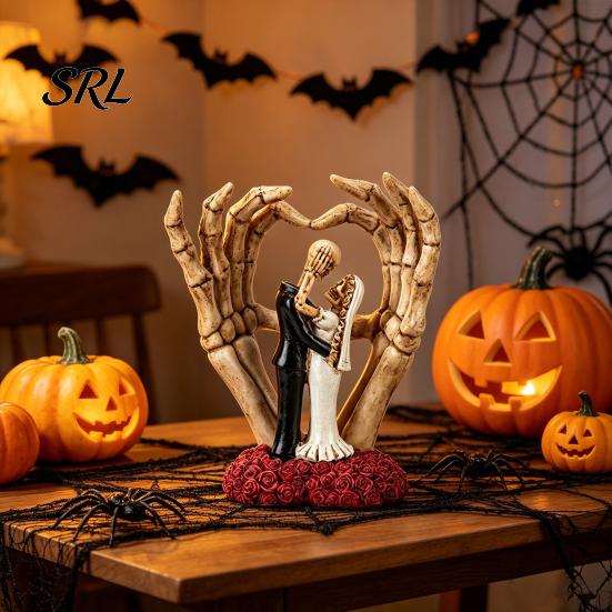 Halloween Gothic Home Decor Skeleton Couple And Hand Ornament, with Rose Base, Durable Hands Heart Ornament Resin Skull Wedding Decor, for Decoration