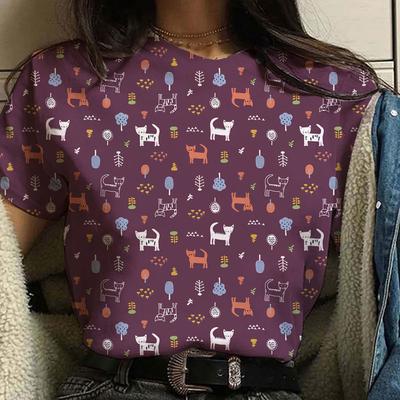 Футболка с принтом кота, модная, с круглым вырезом и коротким рукавом, высококачественная, свободная, дышащая, летняя, повседневная, удобная женская футболка