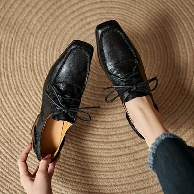 Мода НОВЫЕ Весенне-осенние женские туфли-лодочки с квадратным носком и массивным каблуком, лаконичные туфли из натуральной кожи для женщин, на шнуровке, ручной работы