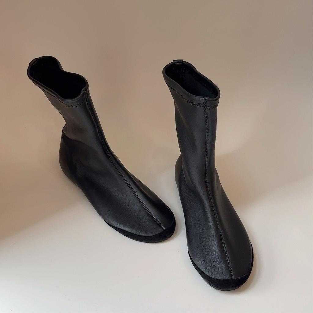 Версия из овчины, круглый носок, ретро, простые тонкие ботинки, плоские короткие ботинки, тонкие ботинки, эластичные ботинки, женские универсальные ботинки-носки для通勤