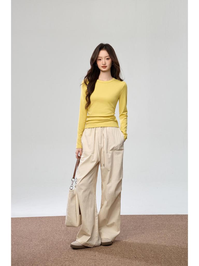 Женская футболка с длинным рукавом Осень 2025: Гребенной хлопок, Универсальный дизайн с открытой строчкой, Простой круглый вырез.