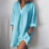Женское летнее платье с V-образным вырезом и карманом - Хлопково-льняное, с рукавом три четверти