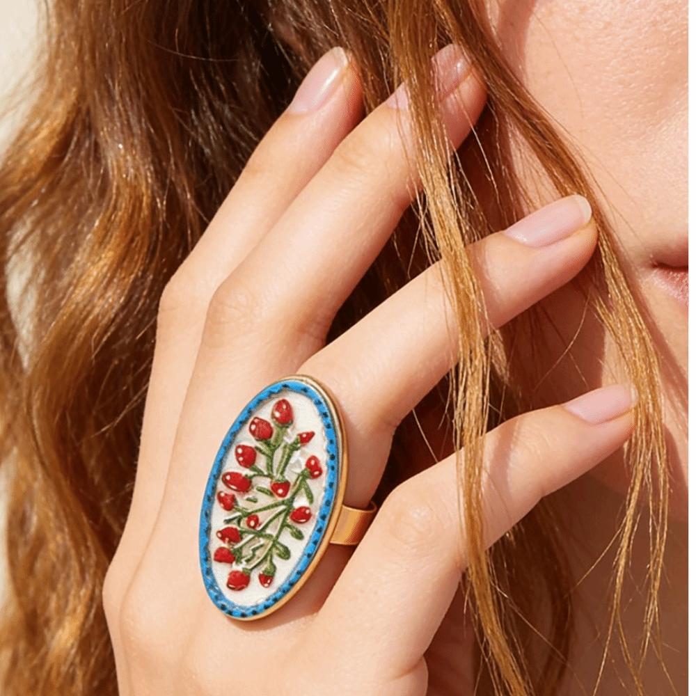 Ethnic Style Enamel Flower Ring French Glazed Ring Luxury Vintage Ring Women