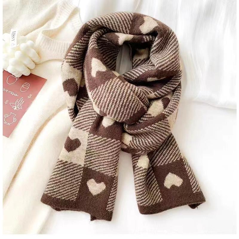 Heart-shaped Scarf Women's Autumn and Winter Solid Color Knitted Warm Wool Scarf Student Sweet and Cute Couple Love Plaid