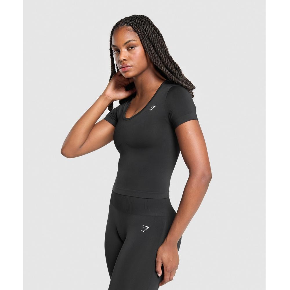 Gymshark Повседневная бесшовная облегающая футболка с круглым вырезом, черная B3b1o Bb2j