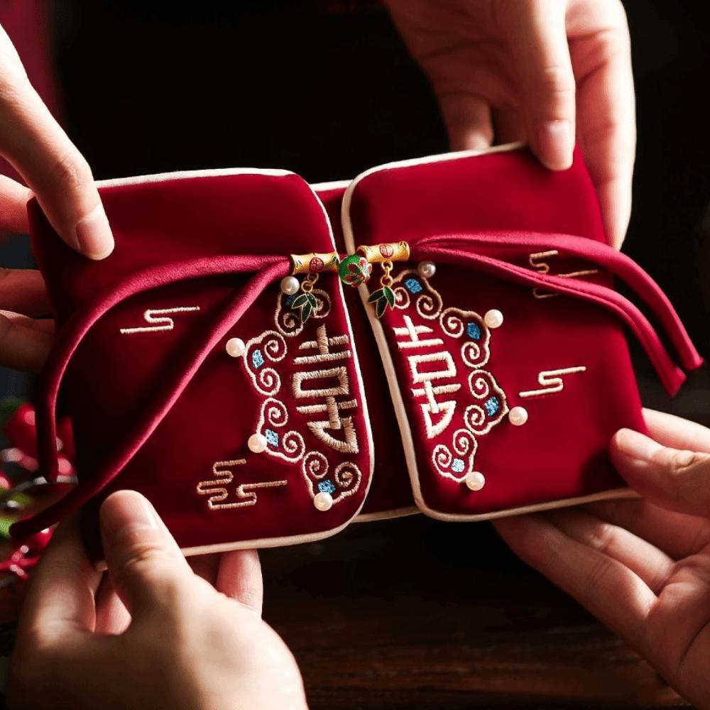 Дизайн вышивки Красный конверт Ручная работа Наилучшие пожелания Денежный конверт Бархатная ткань с кисточкой HongBao Свадебное торжество