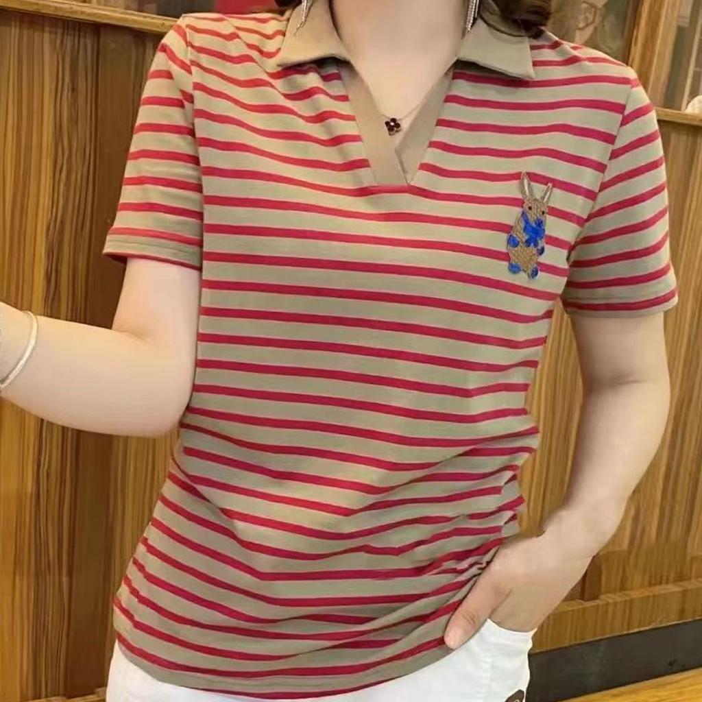 Summer Short Sleeve Women's V-neck T-shirt New Style Embroidery Elegant Fashion Casual Pullover Striped Cartoon Clothes Tops