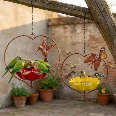 Wide-Mouth Heart Shape Bird Feeder Iron Art Retro Bird Bath Flower Bird Water Feeder Balcony Use