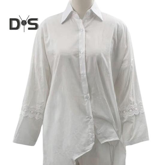 2 Pcs/Set Fall Spring Women Shirt Pants Set Long Sleeves Lapel Lace Cuff Button-down Irregular Hem Blouse Elastic Waist Trousers OL Commuting Sport