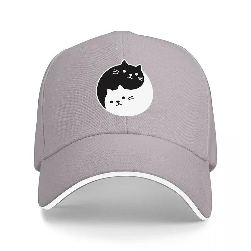 Yin Yang Cat Design Baseball Cap Black and White Feline Pattern Adjustable Hat for Casual Wear and Fashion StateUnisexts