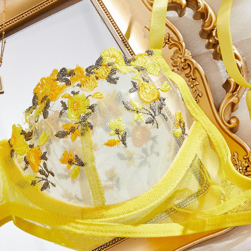Transparent Yellow Mesh Underwear Embroidery Ladies' Gift Sexy Lingerie Women's Temptation Bra And Panties Sets Erotic Costumes