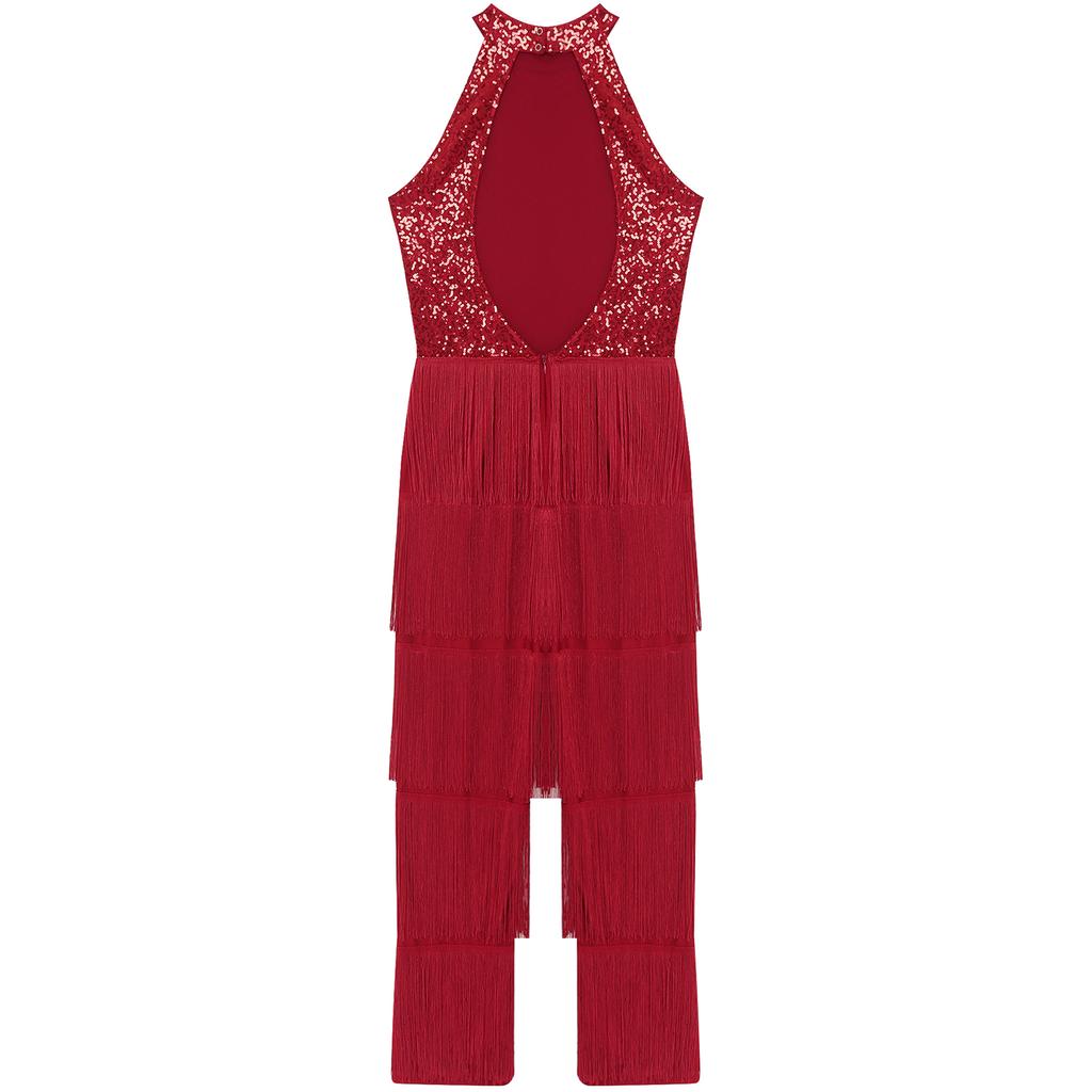 Women Sleeveless Jazz Costume Flowy Tassel Rompers Performance Dancewear Fringe Jumpsuit Tango Cha-Cha Samba Dancing Party Dress