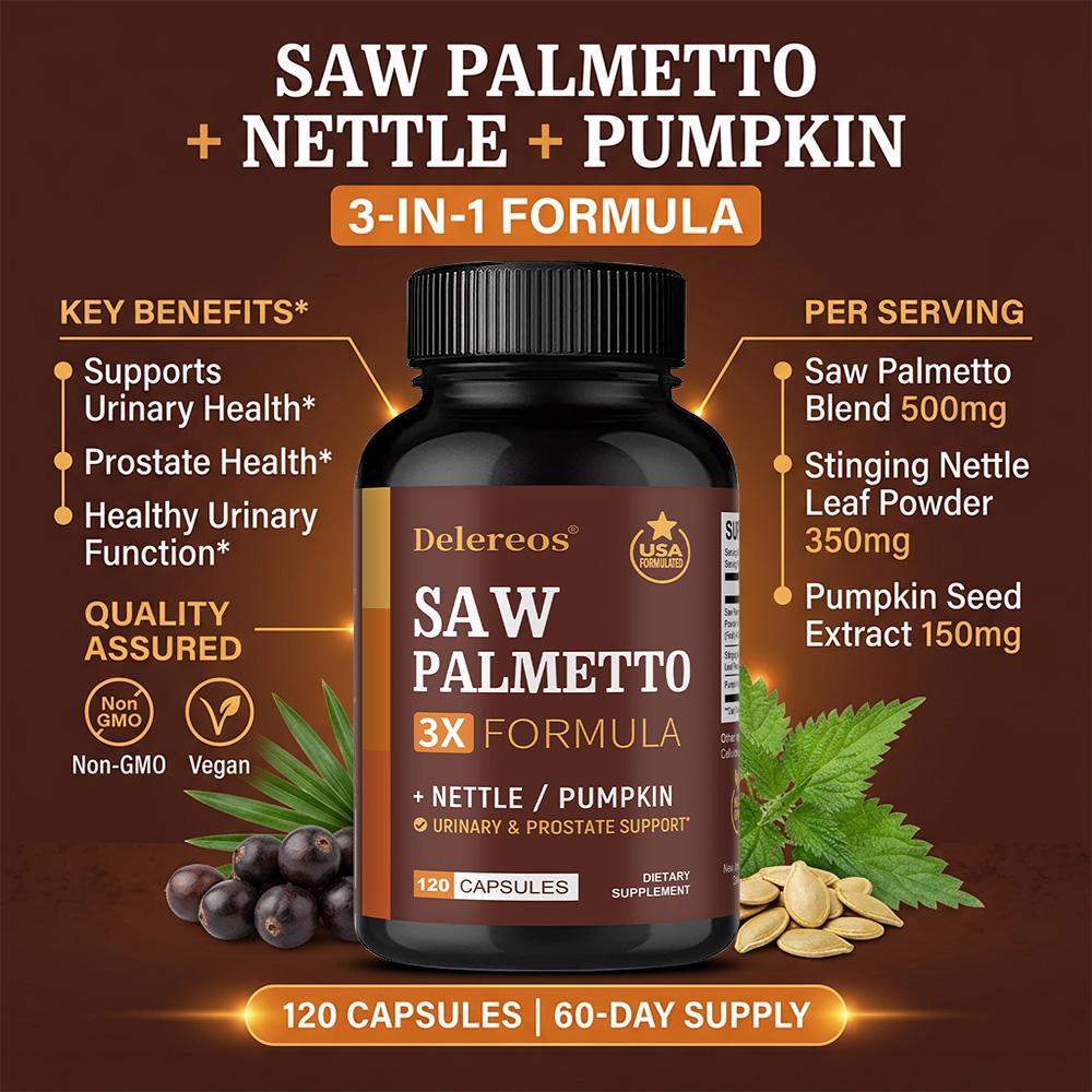 Saw Palmetto Blend Dietary Supplement, With Stinging Nettle Leaf Powder, 120 Capsules