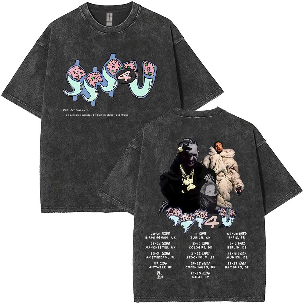Washed Vintage Rapper Drake Face Graphic Tshirt Men Women Hip Hop Fashion Pop Music Tshirts Mens Cotton Oversized T Shirts