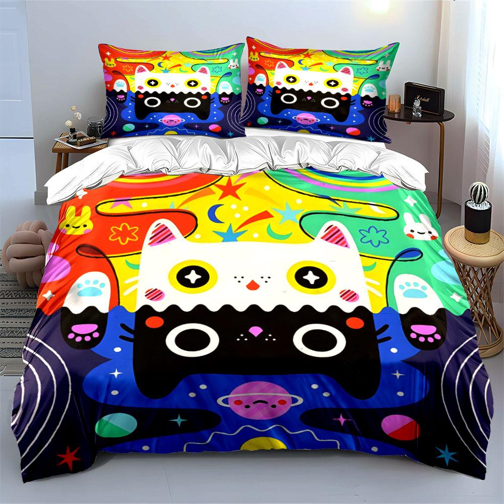Colorful Cat Print Artwork Set Bedding Set with 1 Duvet Cover 2 Pillowcases Single Double King Queen, Gift