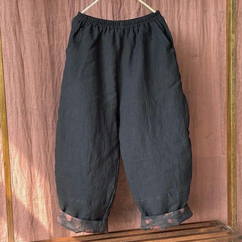Johnature Женские винтажные льняные брюки с эластичной резинкой на талии плюс хлопковые теплые зимние брюки, однотонные свободные длинные брюки с карманами