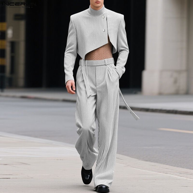 INCERUN Мужские наряды Стойка воротник Полосатый Длинный рукав Кроп-топы На молнии С высокой талией Длинные брюки Комплекты
