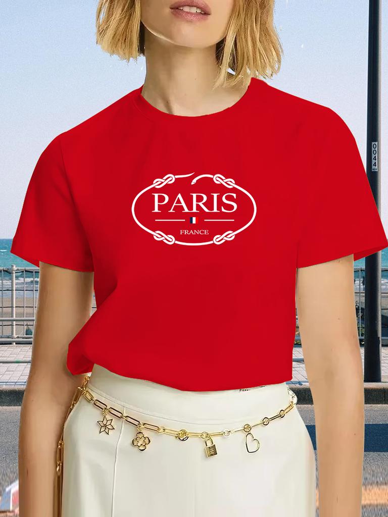 PARIS Print T-shirt, Short Sleeve Crew Neck Casual Top For Summer & Spring Women's Clothing
