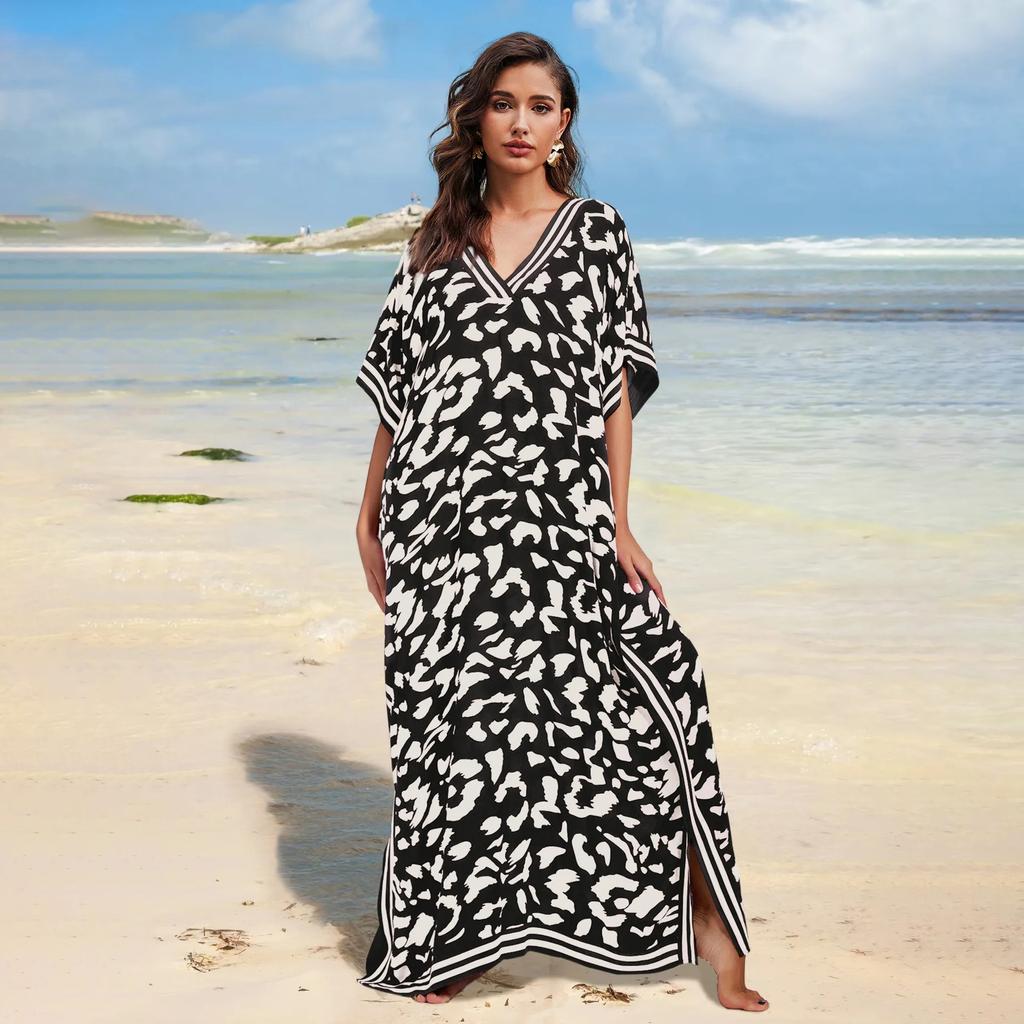 Beach Cover Ups for Swimwear Leopard Printed Maxi Dress Summer Holiday Bathing Suits Factory Supply