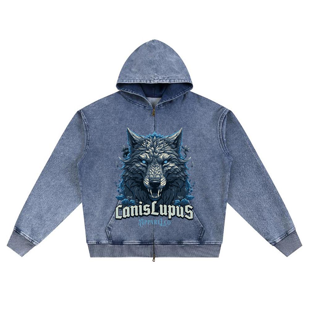 DTG Print Knitted Denim Zip-Up Hoodie Canis Lupus Brother Print Zipper Hoodies