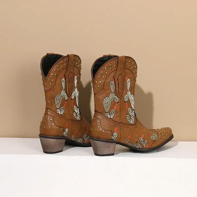 Зимние западные женские ботильоны ковбойские коричневые бежевые вышивка кактус деформированный заостренный носок слипоны ретро заклепки ковбойские короткие ботинки