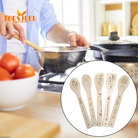 5 шт. бамбуковые кухонные ложки с гравировкой, забавный узор, гладкая поверхность, прочная деревянная лопаточка, кухонная утварь с длинной ручкой