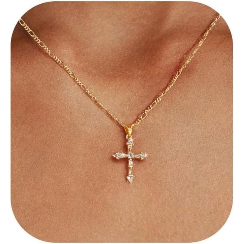Cross Necklace for Women,Double Cross Necklace 14K Gold Plated Cross Pendant Necklace Dainty Gold Cross Necklaces for Women