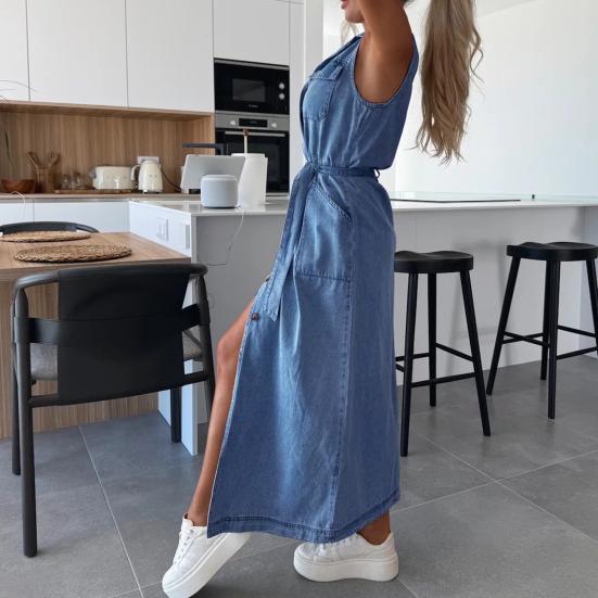 Женское джинсовое платье-рубашка, летнее макси-платье без рукавов на пуговицах с поясом, лацканами, V-образным вырезом, длинное джинсовое платье с карманами