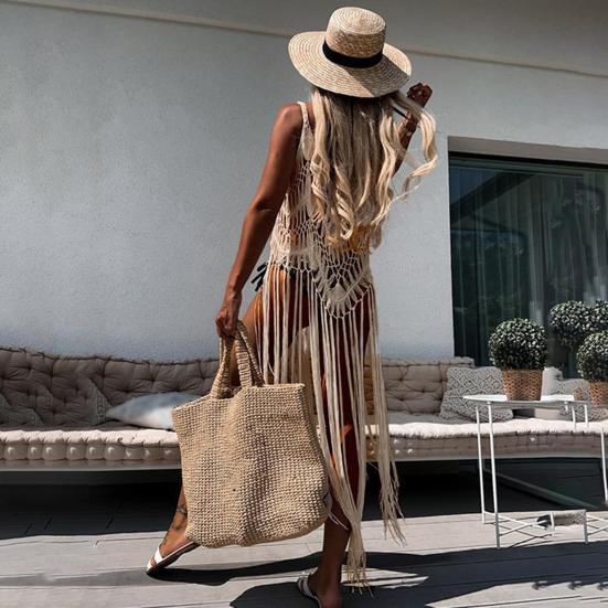 Пляжное платье в стиле бохо для женщин, ажурный подол с бахромой, сексуальное прикрывающее платье, летние купальные костюмы, халат, вязаный крючком, кисточка, слинг, пляжная одежда
