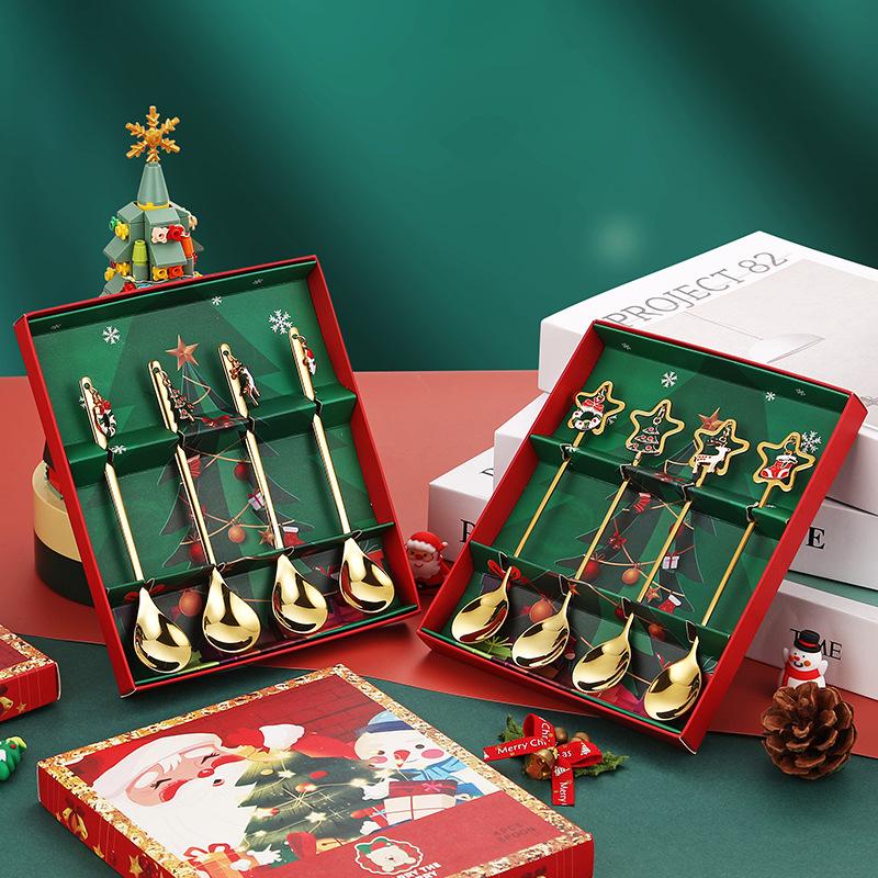 4PCS Christmas Coffee Spoons Set Gold Christmas Stainless Steel Spoon Dessert Spoon 2025 New Year Decoration for Tableware