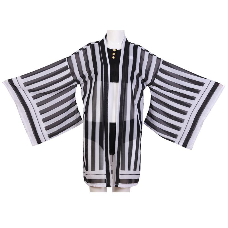 Demon Slayer Косплей Kimetsu No Yaiba Kamado Tanjirou Косплей Двухсекционный купальник с V-образным вырезом Купальник с прозрачным кимоно Кардиган