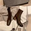 Korean Order Heavy Recommendation Temperament Brown Square Head Thick High Heel Elastic Short Boots Zipper Thin Women Single Boots