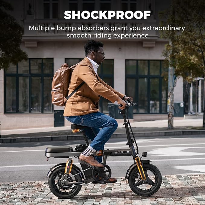 Engwe Электровелосипед T14 с двигателем 250 Вт и аккумулятором 48 В 10 Ач обеспечивает запас хода 55 км и скорость 25 км/ч, это компактный транспорт, созданный для городских улиц и повседневной свободы.