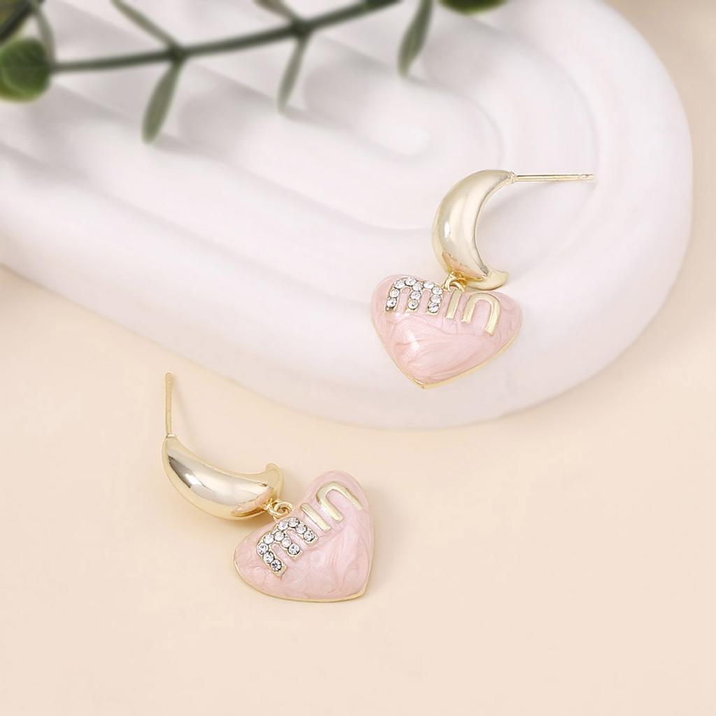 French gentle pink MIN letter crescent moon inlaid zircon love earrings Elegant, smart and simple and versatile earrings