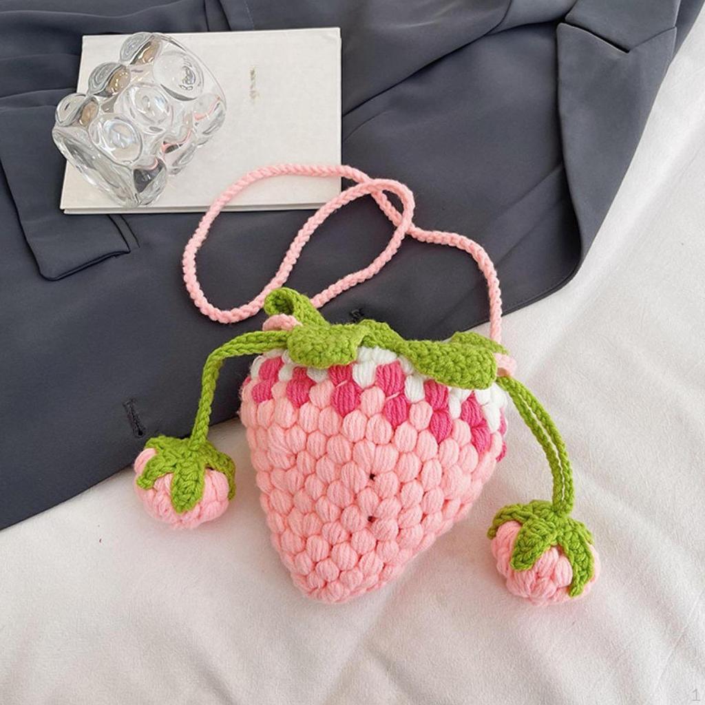 Knitted Shoulder Bag Crochet Crossbody Lovely Decorative Strawberry Shaped Handbag Purse for