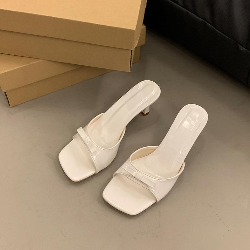 French High-heeled Slippers 2025 New Women's Summer Outer Wear Square Heel One-word Drag Bow Sandals Versatile Temperament