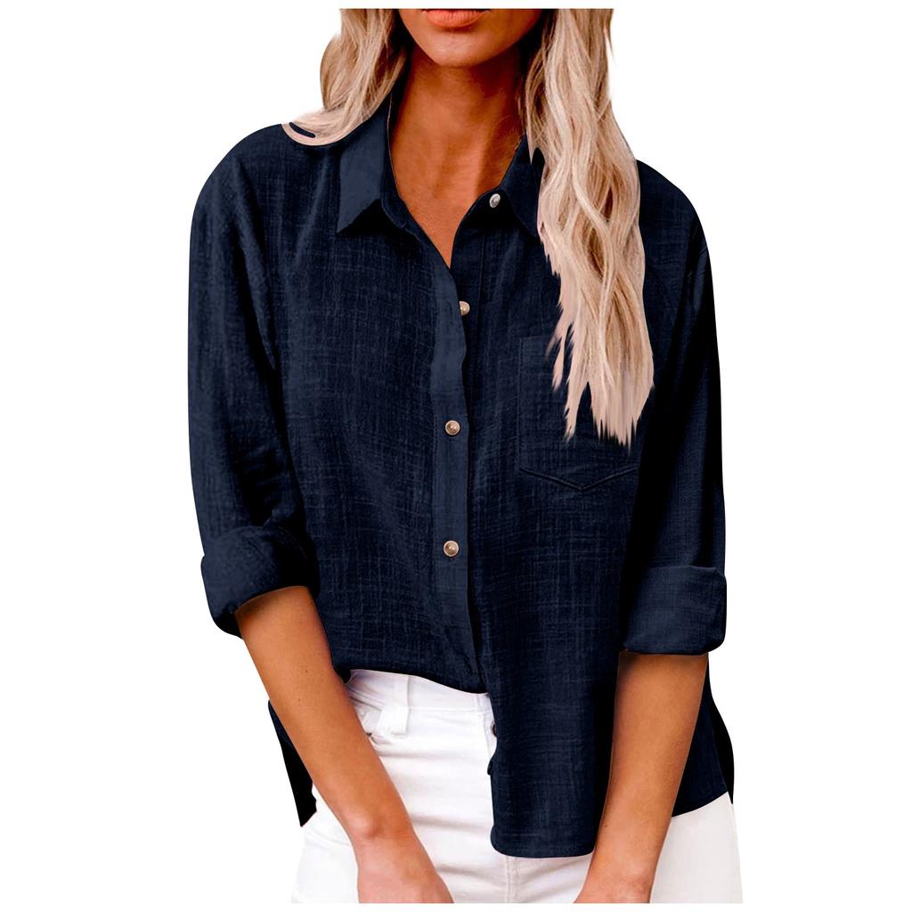 Women's Autumn Long Sleeve Button Solid Color Loose Shirt Casual Large Size Shirt