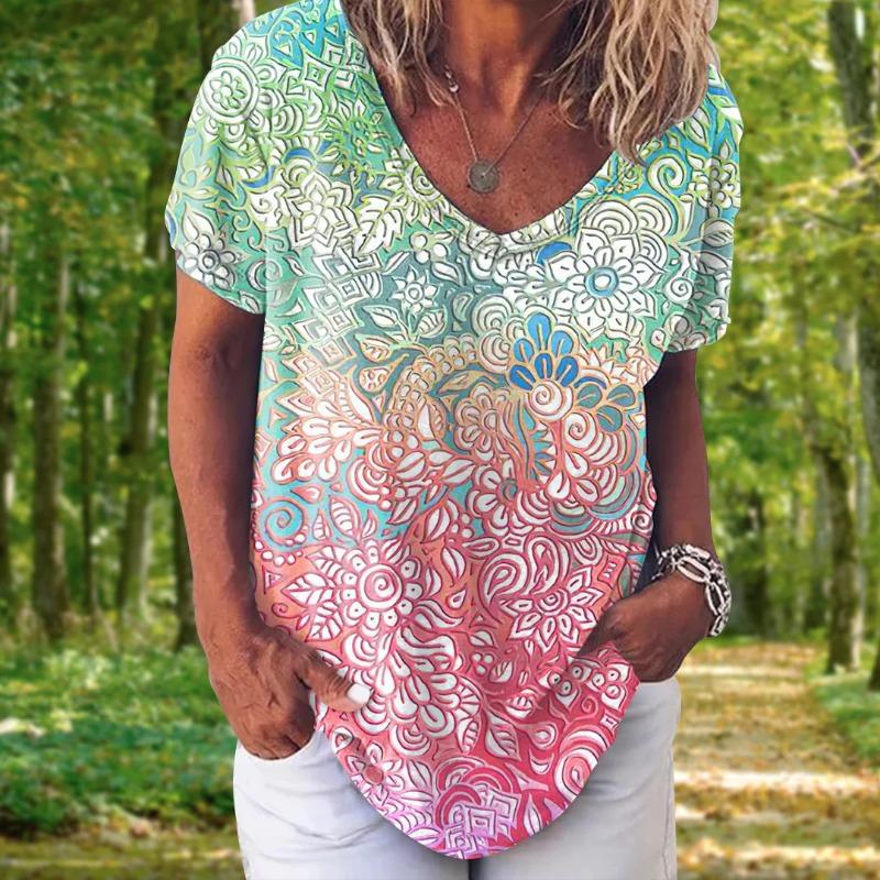 Модная женская футболка с 3d цветочным принтом, топы, футболки с v-образным вырезом и короткими рукавами, женская одежда, летняя футболка большого размера, женская одежда