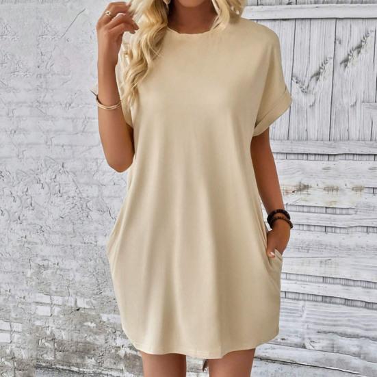 Женское платье с круглым вырезом, короткими рукавами, боковыми карманами, свободное однотонное платье длиной выше колена, рукав «летучая мышь»